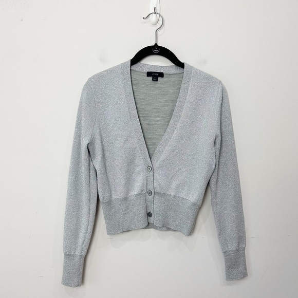 Jcrew Merino Wool Metallic Cropped V neck Cardigan Sweater Silver - Picture 2 of 7
